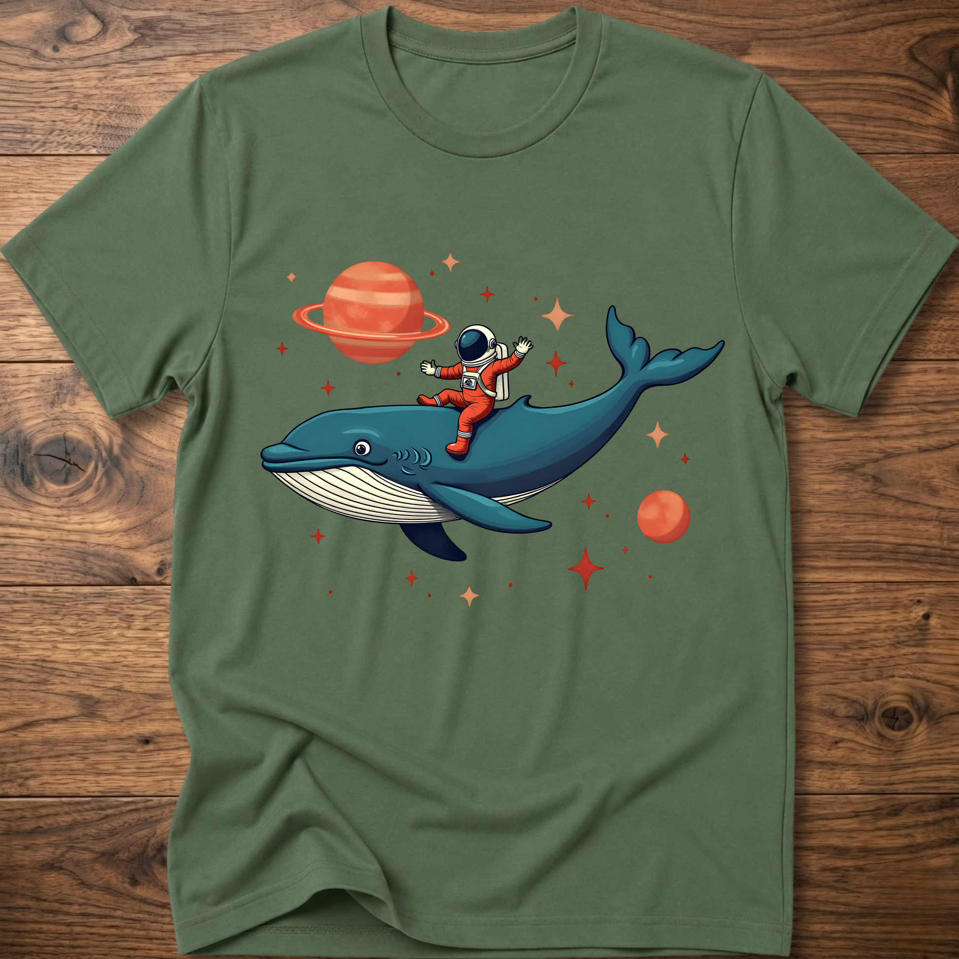 Olive green astronaut and whale space-themed t-shirt with colorful front graphic