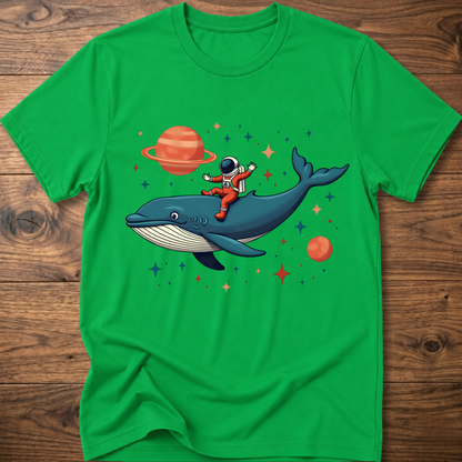 Green astronaut and whale space-themed t-shirt with colorful front graphic