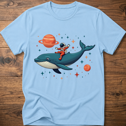 Light blue astronaut and whale space-themed t-shirt with colorful front graphic