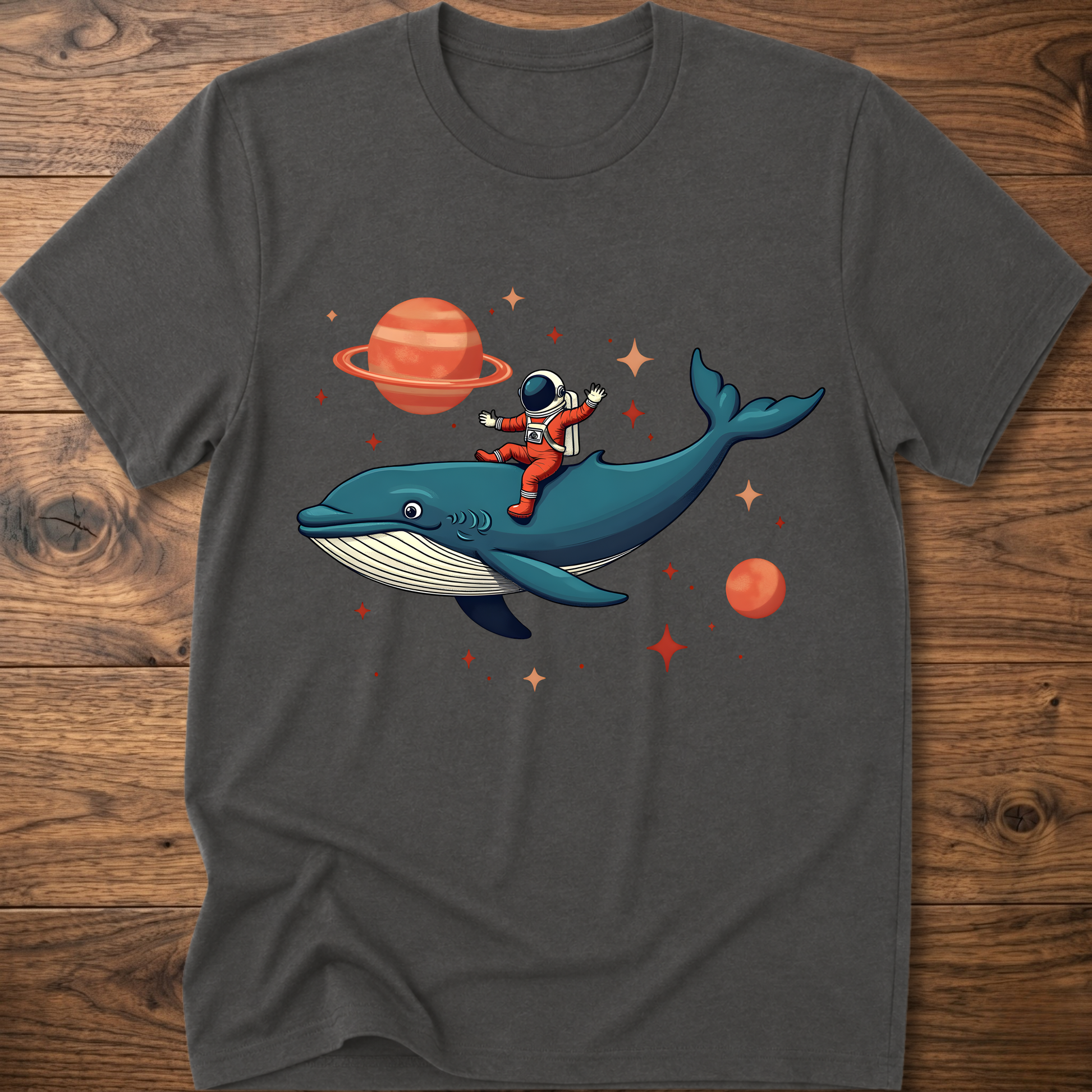 Dark gray astronaut and whale space-themed t-shirt with colorful graphic