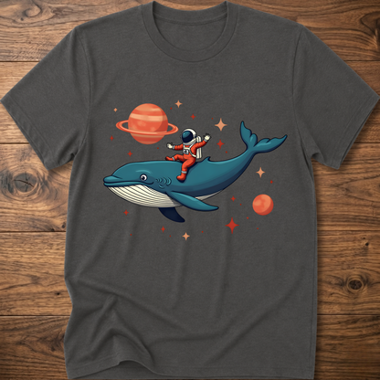 Dark gray astronaut and whale space-themed t-shirt with colorful graphic
