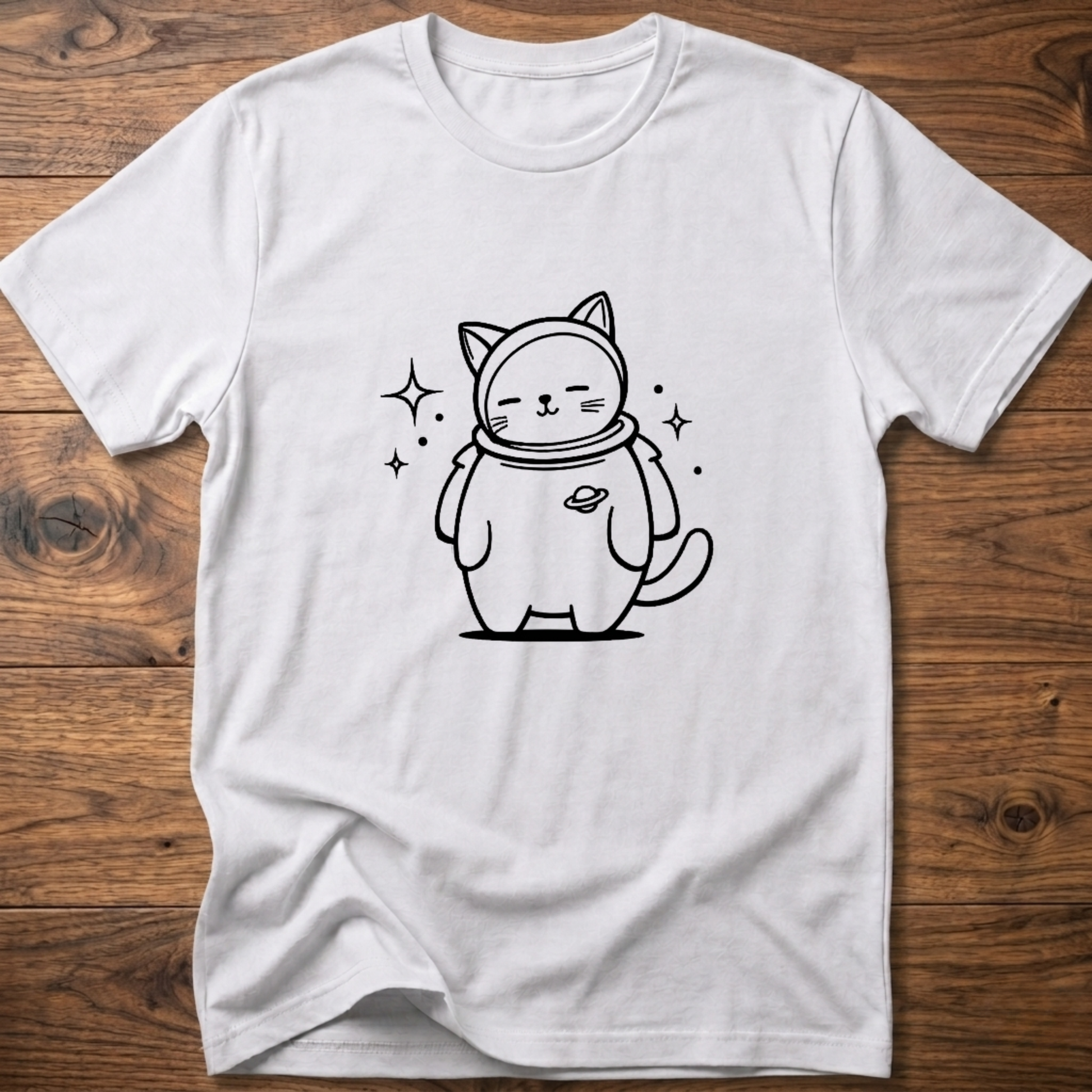 White crew-neck T-shirt with astronaut cat graphic on the front