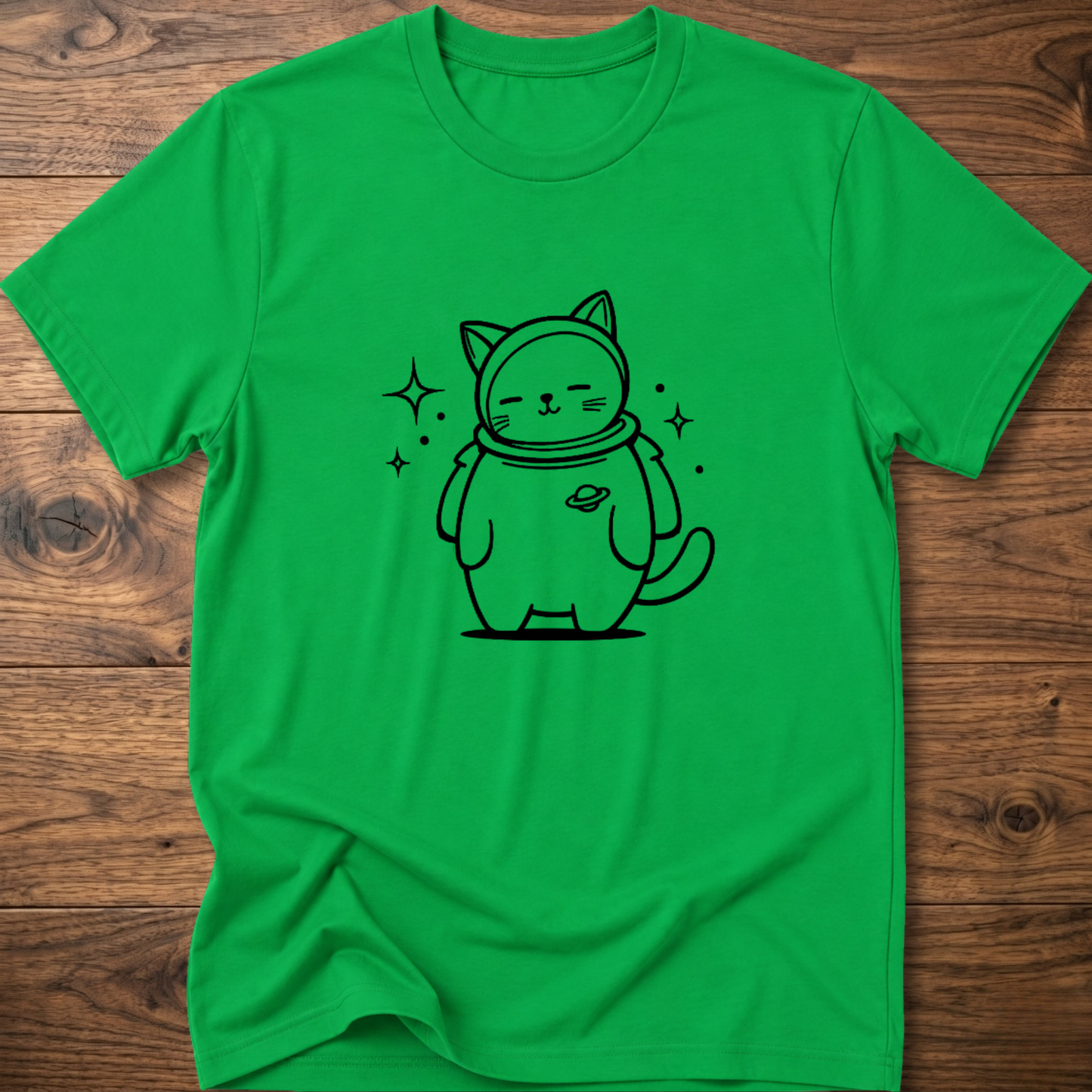 Irish green crew-neck T-shirt with astronaut cat graphic on the front