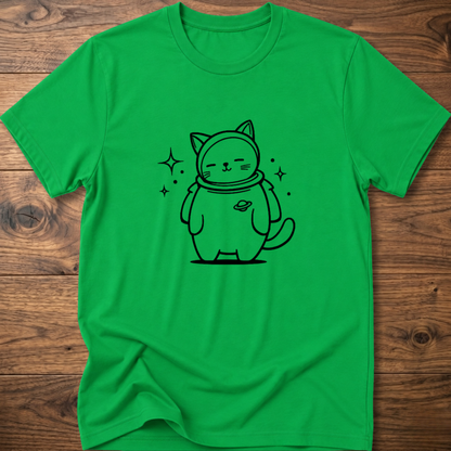 Irish green crew-neck T-shirt with astronaut cat graphic on the front