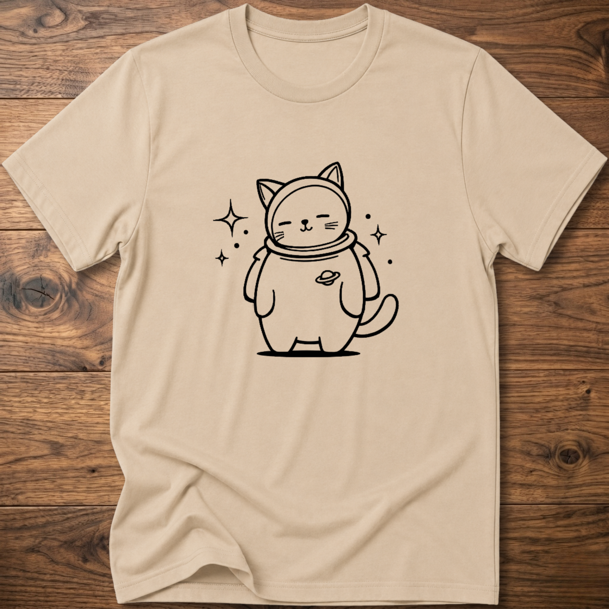 Sand crew-neck T-shirt with astronaut cat graphic on the front