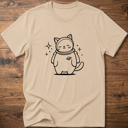 Sand crew-neck T-shirt with astronaut cat graphic on the front