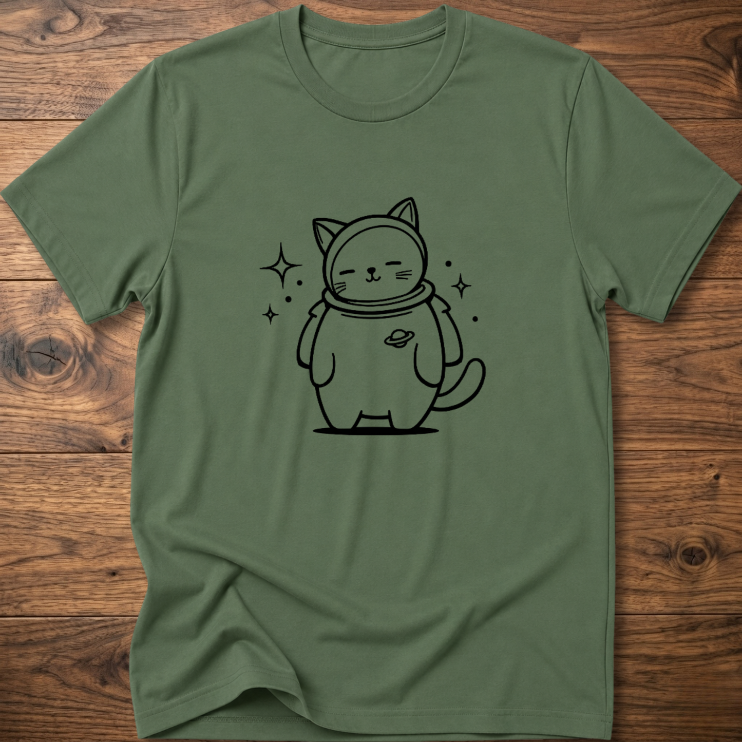 Military green crew-neck T-shirt with astronaut cat graphic on the front
