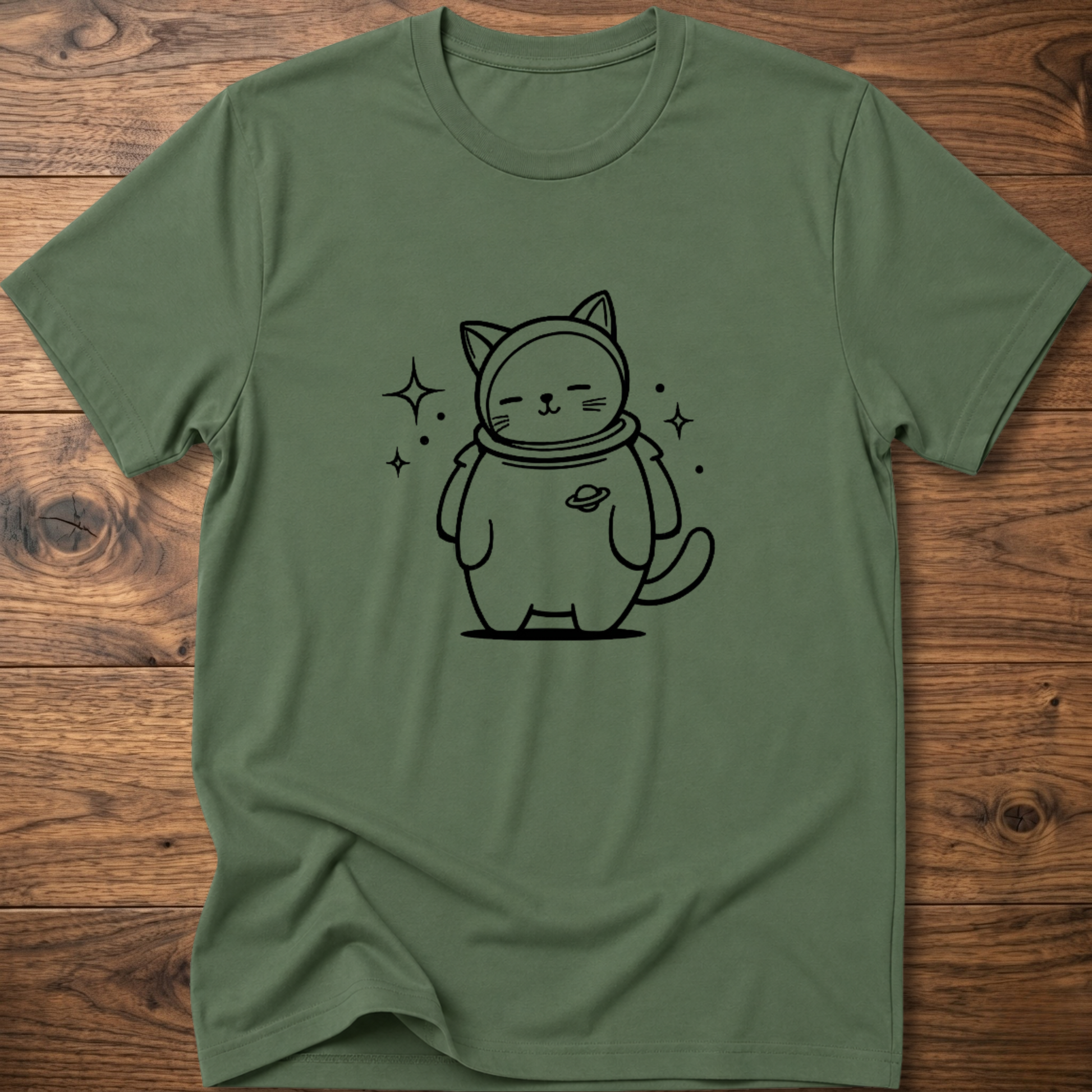 Military green crew-neck T-shirt with astronaut cat graphic on the front