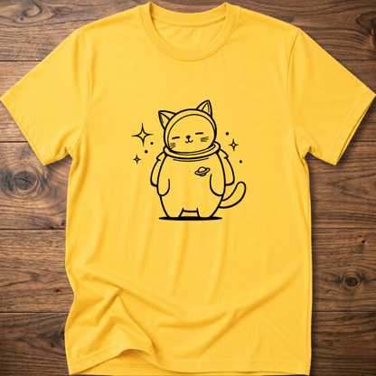 Daisy yellow crew-neck T-shirt with astronaut cat graphic on the front