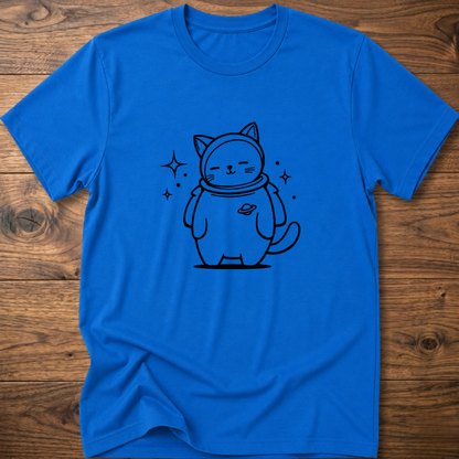 Royal blue crew-neck T-shirt with astronaut cat graphic on the front
