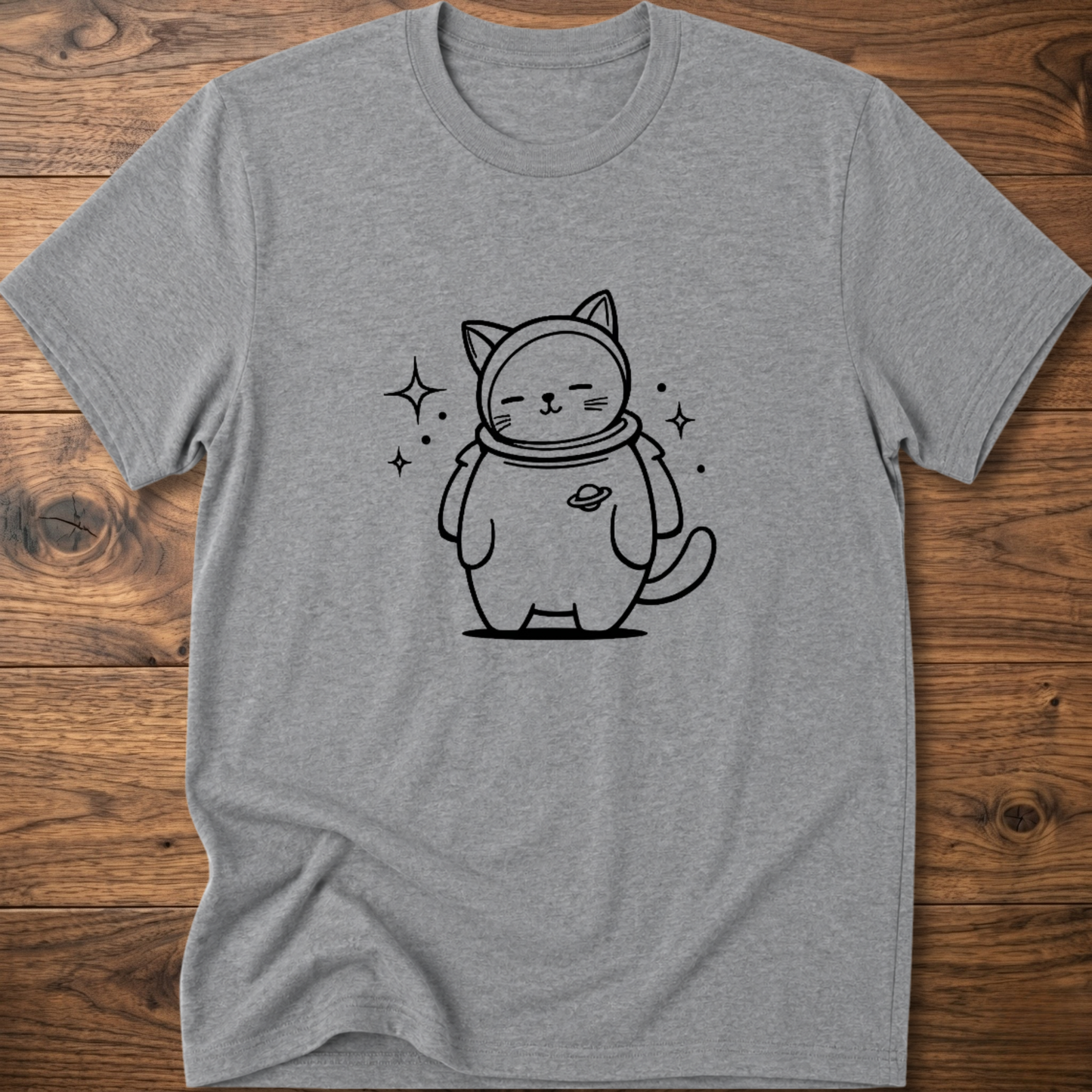Heather gray crew-neck T-shirt with astronaut cat graphic on the front