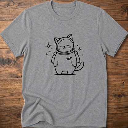 Heather gray crew-neck T-shirt with astronaut cat graphic on the front
