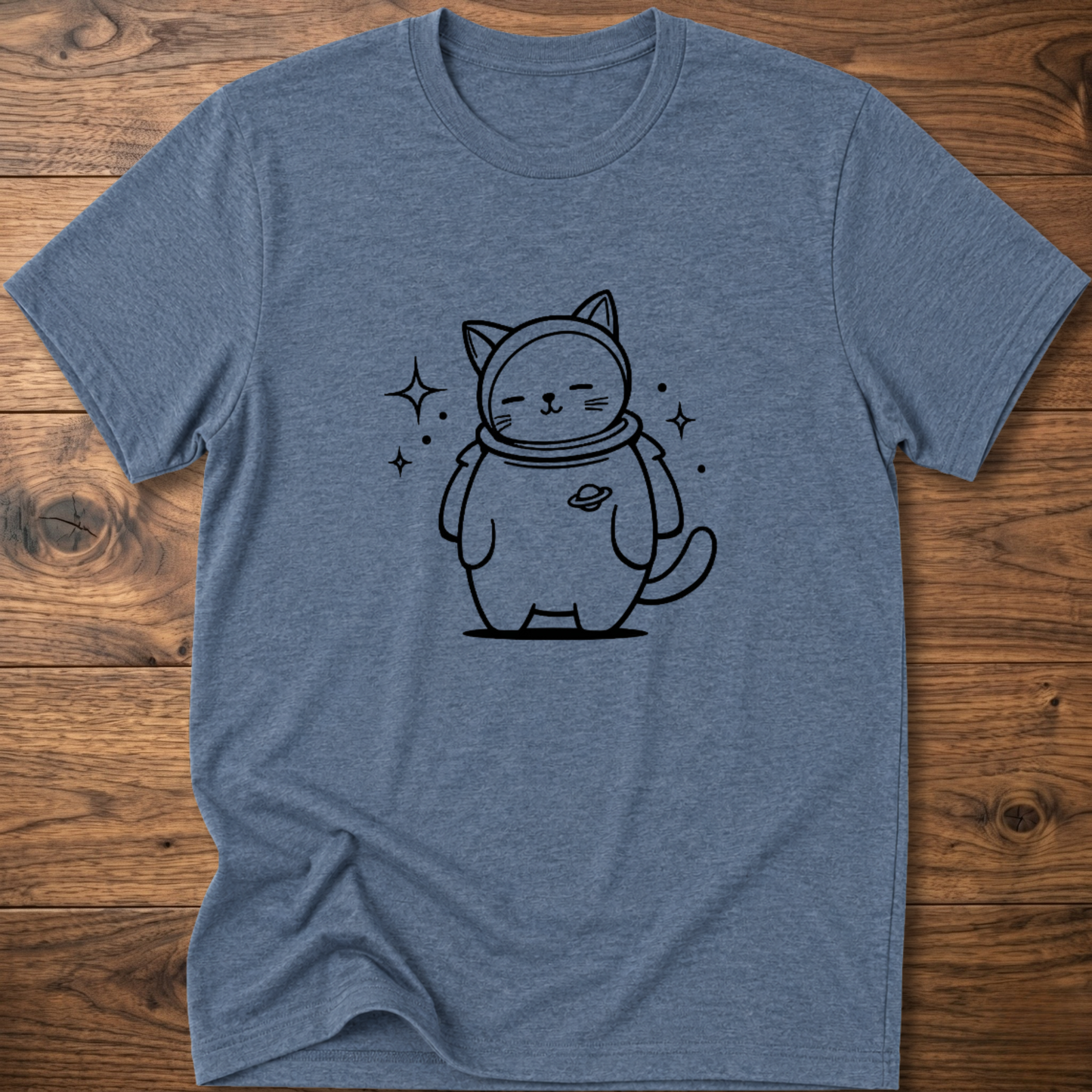 Heather indigo crew-neck T-shirt with astronaut cat graphic on the front