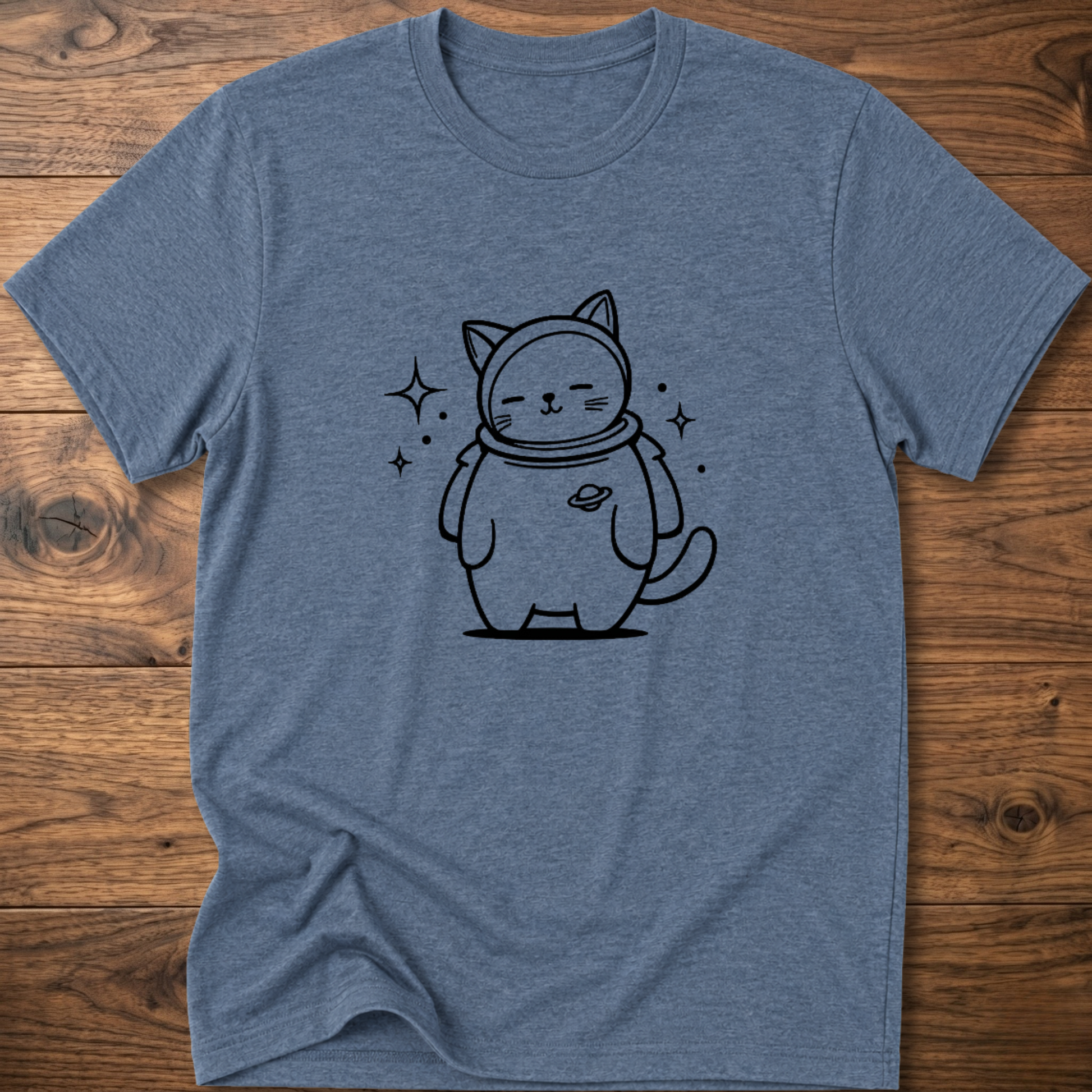 Heather indigo crew-neck T-shirt with astronaut cat graphic on the front
