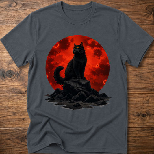 Charcoal blue T-shirt with black cat graphic in red circle above dark rock base