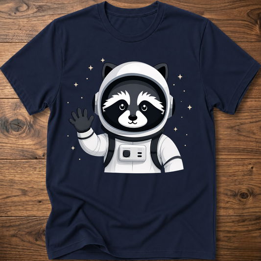 Navy t-shirt with waving raccoon astronaut graphic on the front