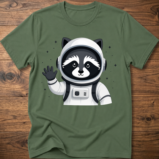Military green t-shirt with waving raccoon astronaut graphic on the front