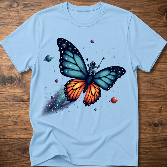 Light blue graphic butterfly t-shirt with space planets and stars print