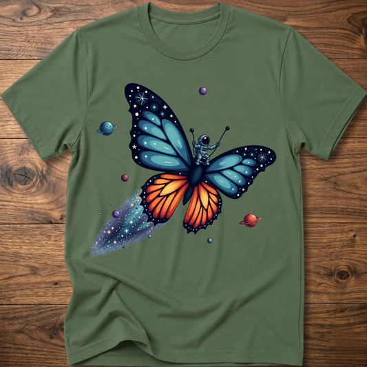 Dark green graphic butterfly t-shirt with space planets and stars print