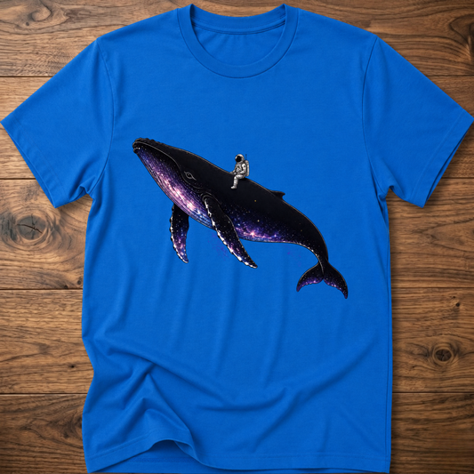 Royal blue T-shirt with galaxy whale graphic and crew-neck short sleeves