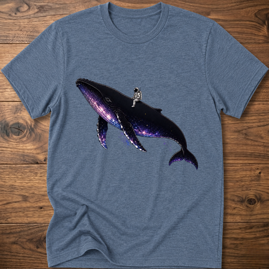 Heather light blue T-shirt with galaxy whale graphic and crew-neck short sleeves