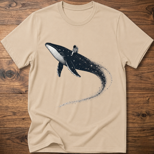 Sand beige t-shirt with whale and small astronaut constellation graphic on the front