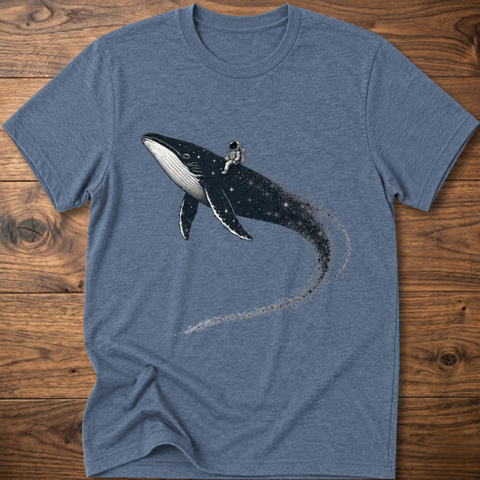 Heather blue t-shirt with whale and small astronaut graphic on the front