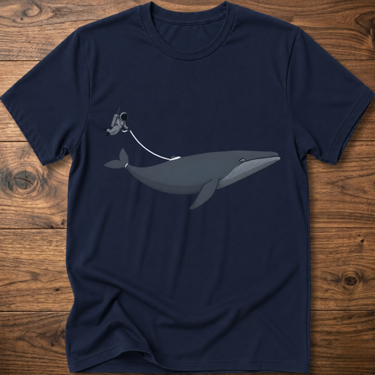 Navy crewneck T-shirt with whale and diver graphic on front
