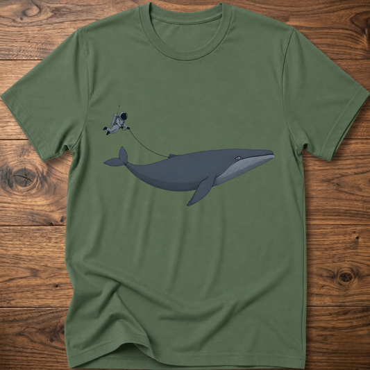 Olive green crewneck T-shirt with whale and diver graphic on front