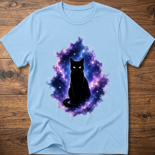 Light blue T-shirt with centered nebula cat graphic, short sleeves, crew neck