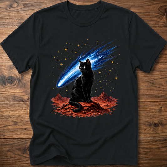 Black T-shirt with black cat graphic, blue comet streak, and orange desert scene