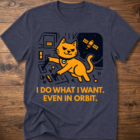 Dark heather gray cat graphic t-shirt with space scene and “I DO WHAT I WANT. EVEN IN ORBIT.”
