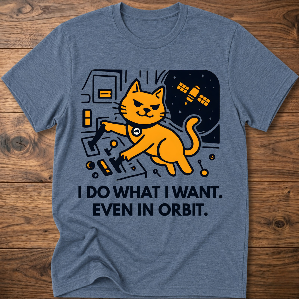 Heather blue cat graphic t-shirt with space scene and “I DO WHAT I WANT. EVEN IN ORBIT.”