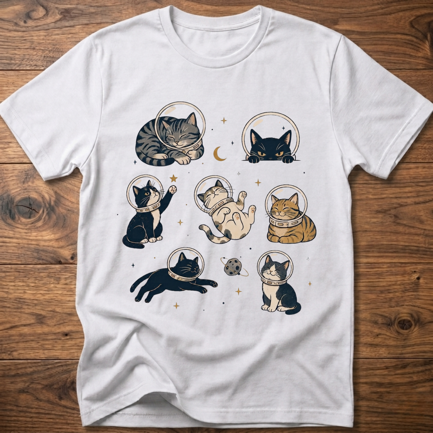 Cats-in-space graphic T-shirt in white, crew neck, cat astronaut character graphic