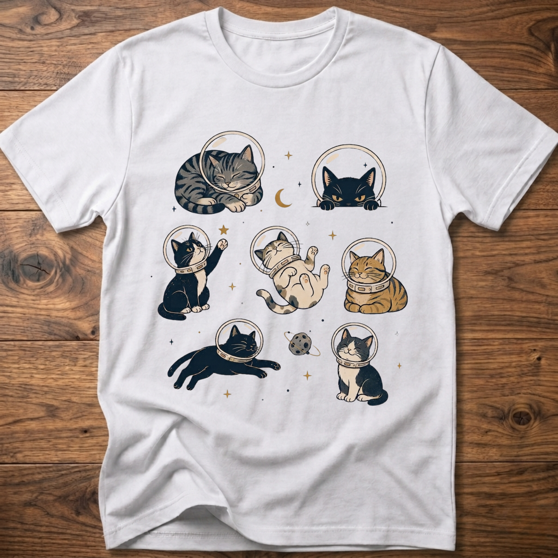Cats-in-space graphic T-shirt in white, crew neck, cat astronaut character graphic