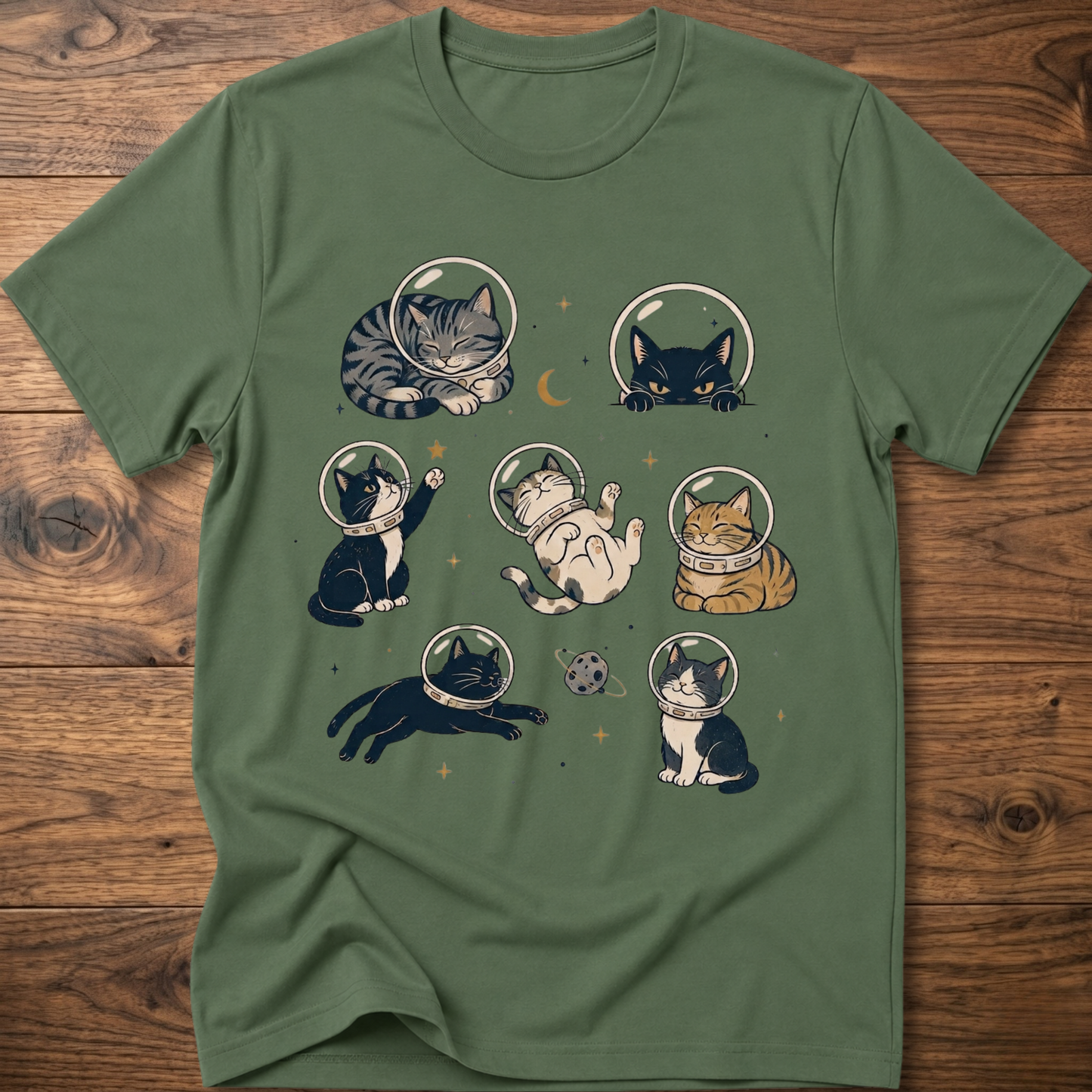 Cats-in-space graphic T-shirt in olive green, crew neck, cat astronaut collage print