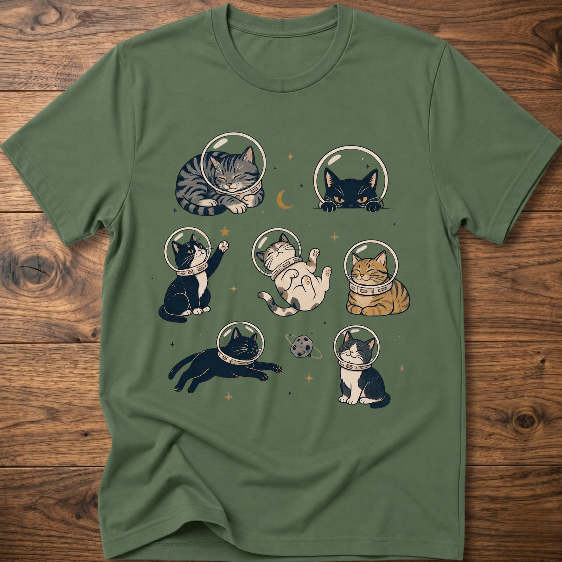 Cats-in-space graphic T-shirt in olive green, crew neck, cat astronaut collage print