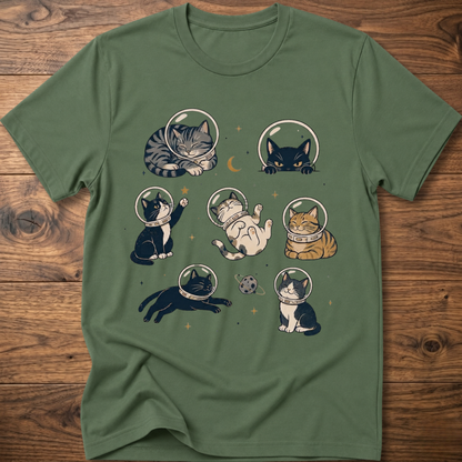 Cats-in-space graphic T-shirt in olive green, crew neck, cat astronaut collage print