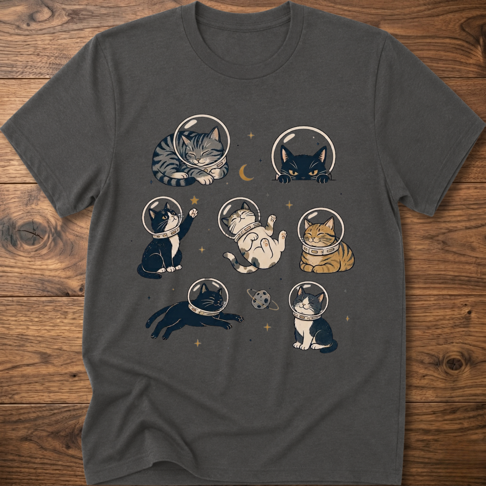Cats-in-space graphic T-shirt in dark gray, crew neck, cats in space character print