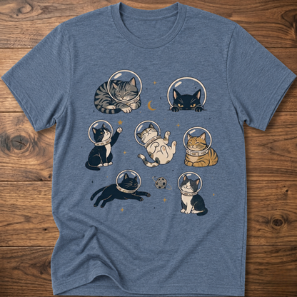 Cats-in-space graphic T-shirt in heather blue, crew neck, cat astronaut graphic front