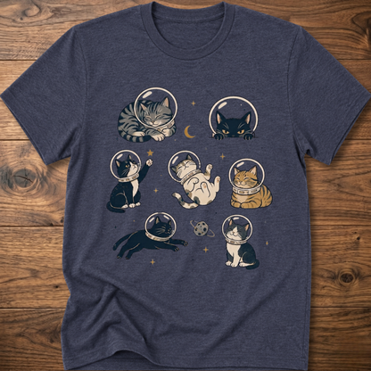 Cats-in-space graphic T-shirt in navy, crew neck, cat astronaut collage front print