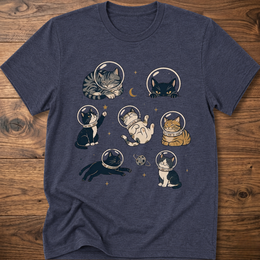 Cats-in-space graphic T-shirt in navy, crew neck, cat astronaut collage front print