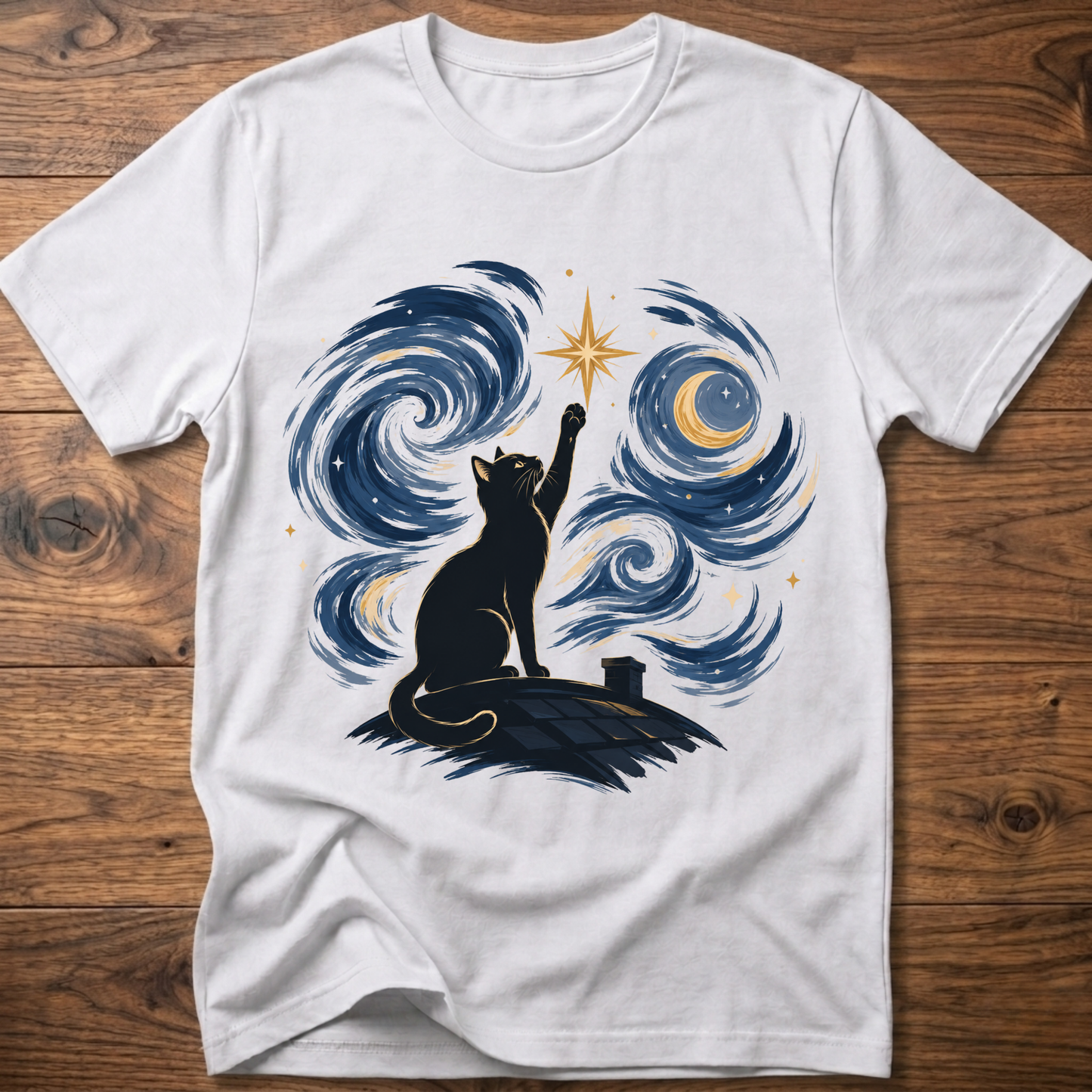 White crew-neck T-shirt with starry cat silhouette and blue swirl galaxy graphic