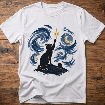 White crew-neck T-shirt with starry cat silhouette and blue swirl galaxy graphic