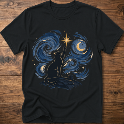 Black crew-neck T-shirt with starry cat and blue swirling waves graphic