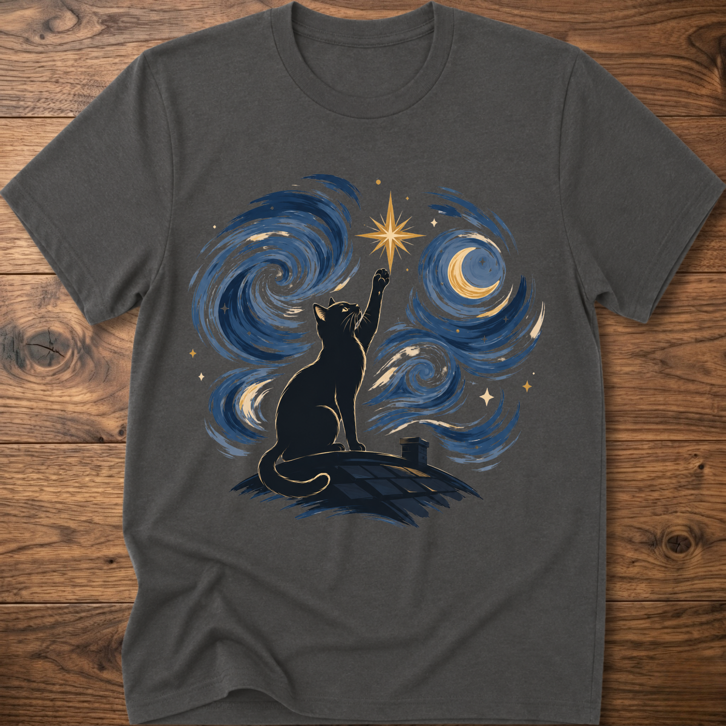 Charcoal crew-neck T-shirt with starry cat silhouette and blue swirl galaxy graphic