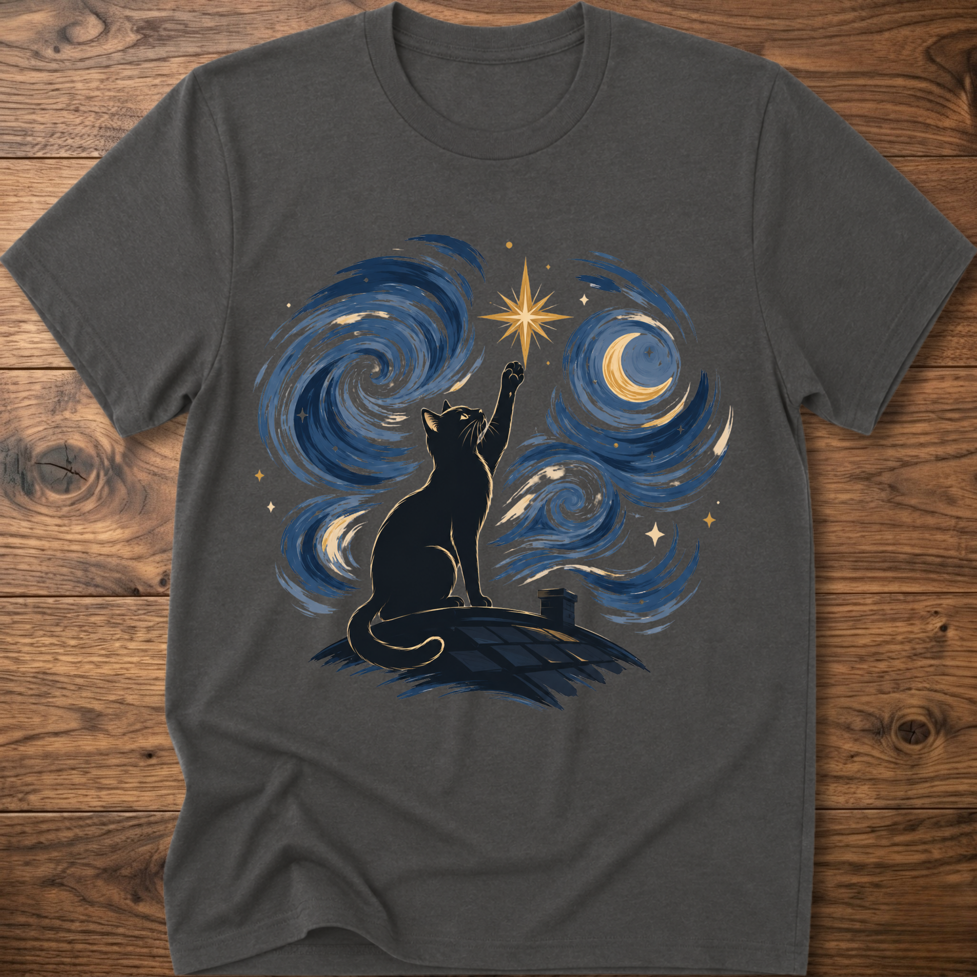 Charcoal crew-neck T-shirt with starry cat silhouette and blue swirl galaxy graphic