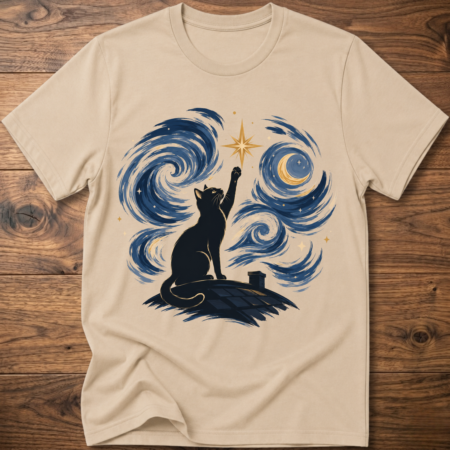 Cream crew-neck T-shirt with starry cat silhouette and blue swirl galaxy graphic