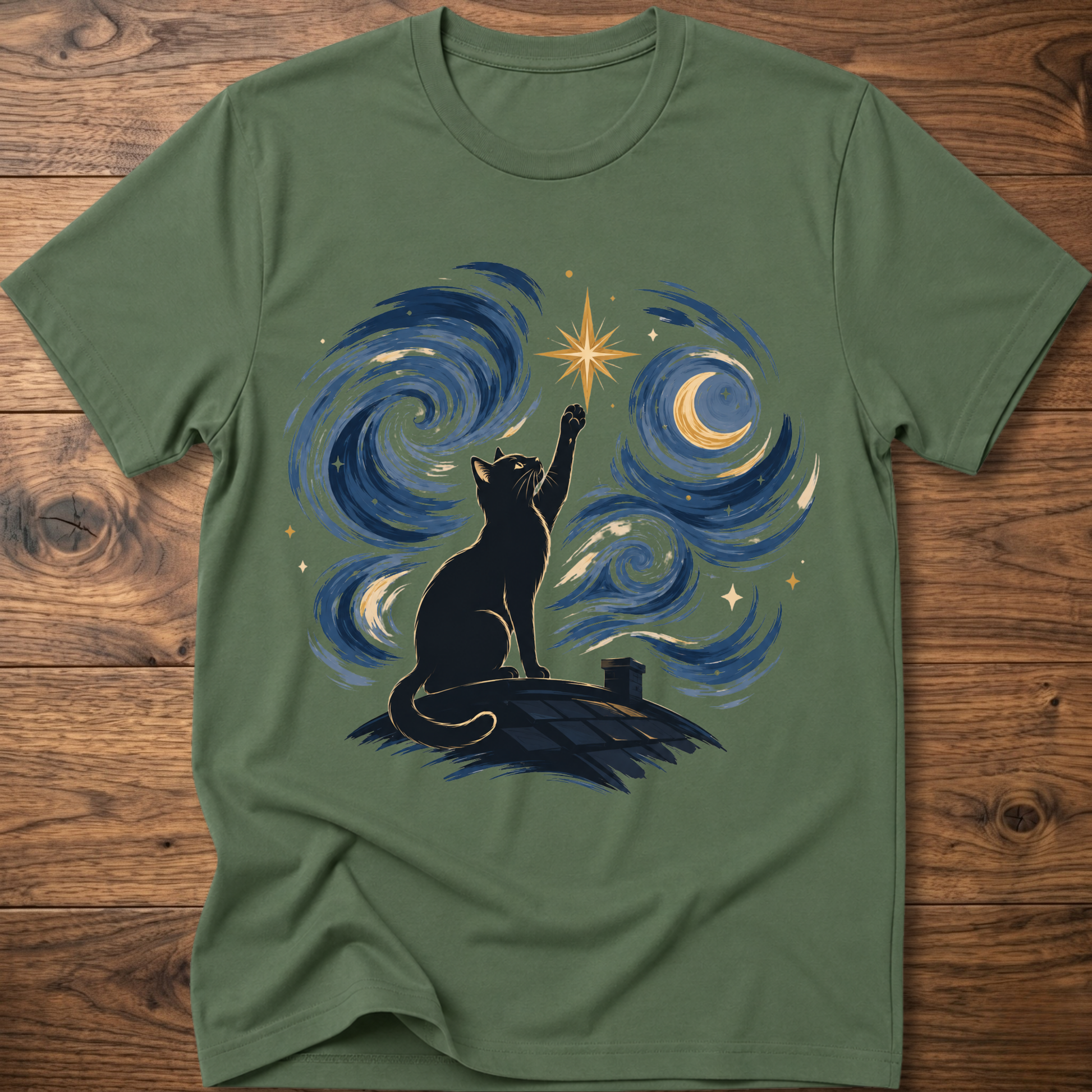 Military green crew-neck T-shirt with starry cat silhouette and blue swirl galaxy graphic