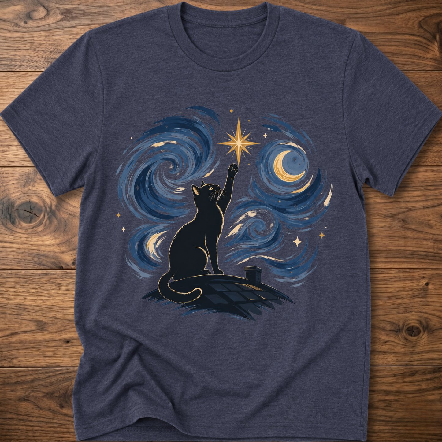 Heather navy crew-neck T-shirt with starry cat silhouette and blue swirl galaxy graphic